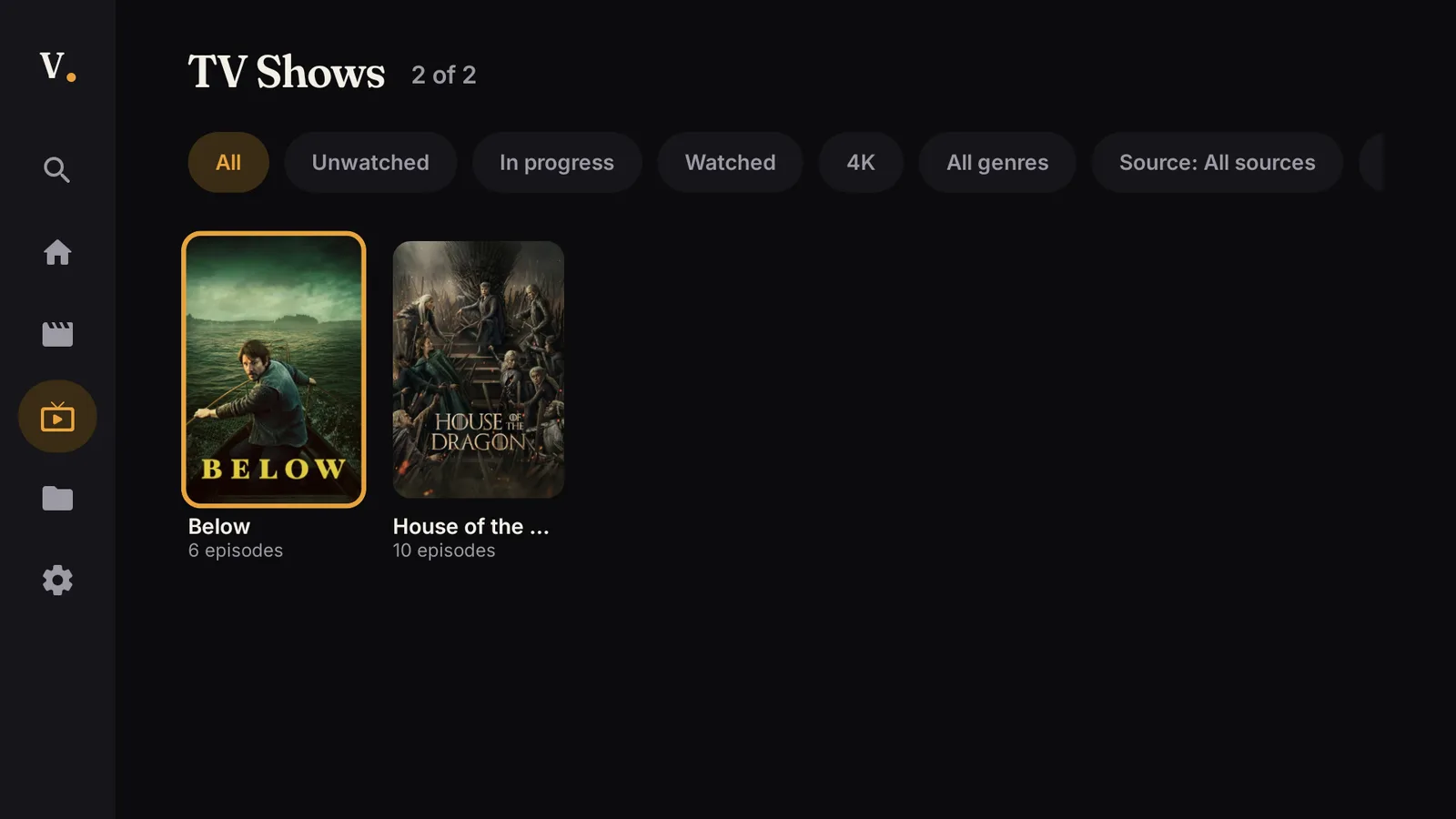 TV Shows library with Unwatched, In progress and 4K filters
