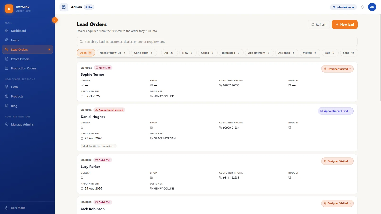 Lead orders with appointments, designers and stage tracking (sample data)