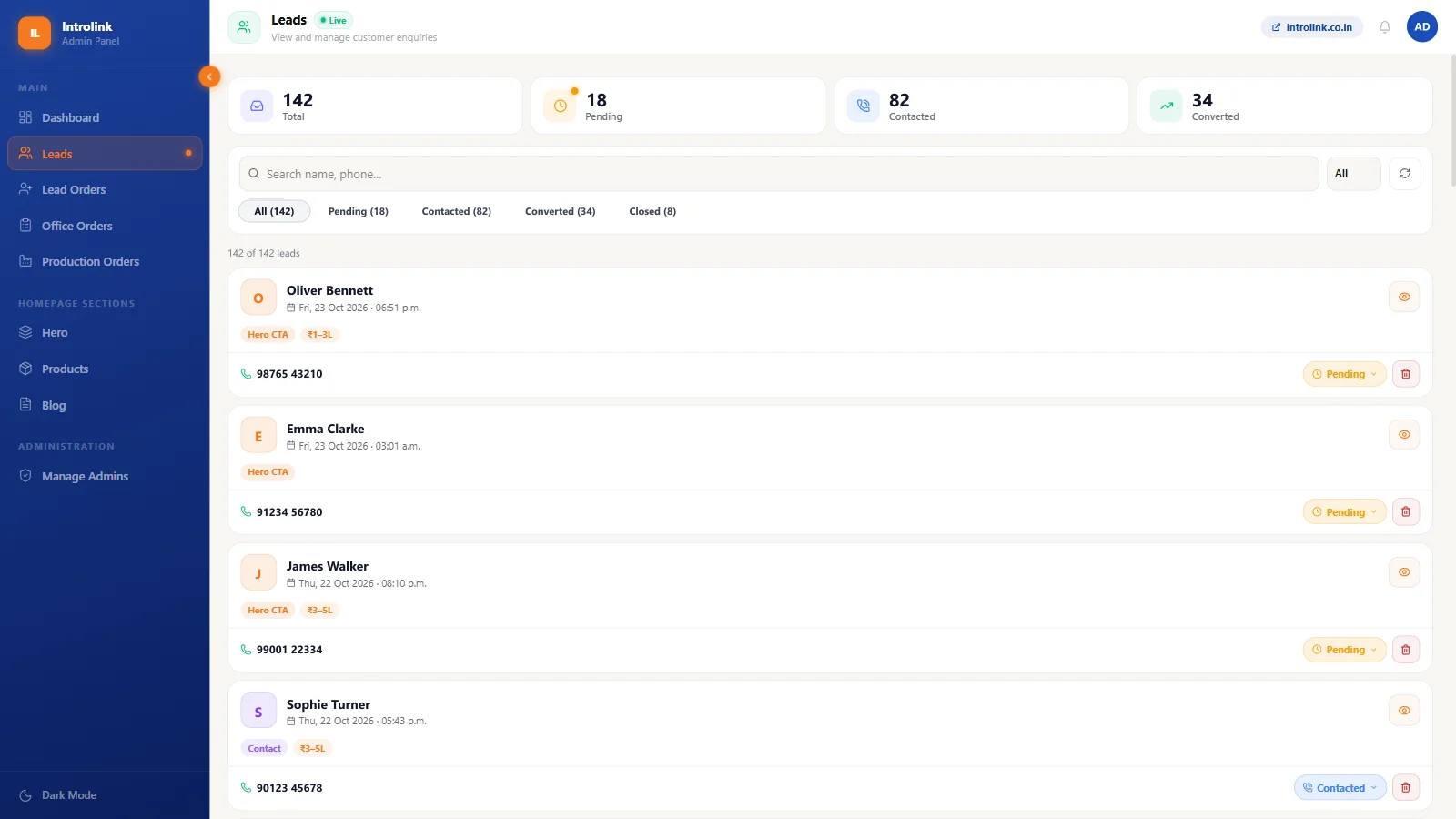 Leads inbox with status filters for every website enquiry (sample data)