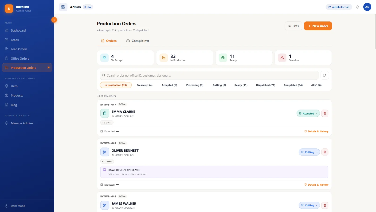 Factory production stages with remarks and overdue tracking (sample data)