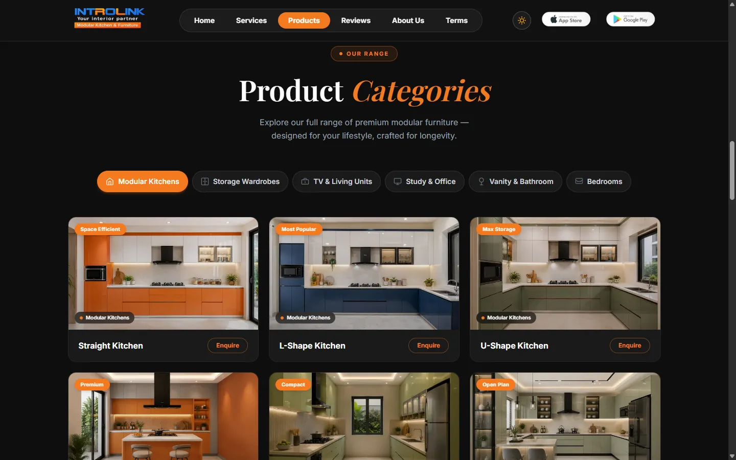 Product catalogue with categories and an Enquire button on every product